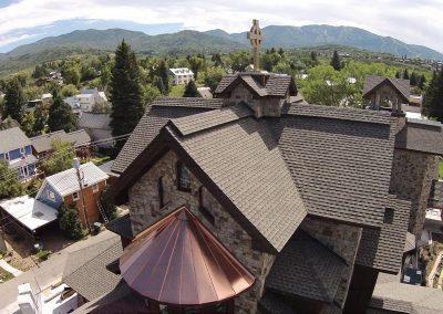 aerial view of church rooftop