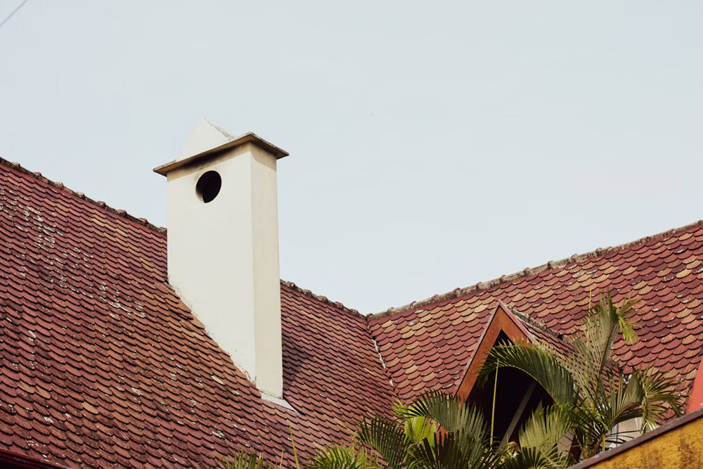 A sloped red-tiled roof with a white chimney rising above it, surrounded by green palm leaves, set against a clear, pale sky.
