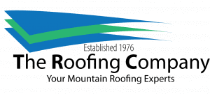 Logo for The Roofing Company with blue and green overlapping roof shapes above the text "Established 1976. The Roofing Company. Your Mountain Roofing Experts." on a light background.