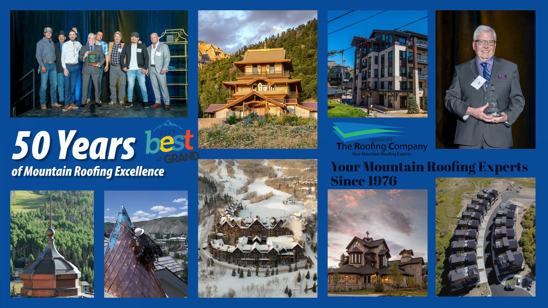 A collage features roofing award ceremonies, company logos, beautiful mountain homes and lodges with finished roofs, and text celebrating 50 years of mountain roofing excellence since 1976.