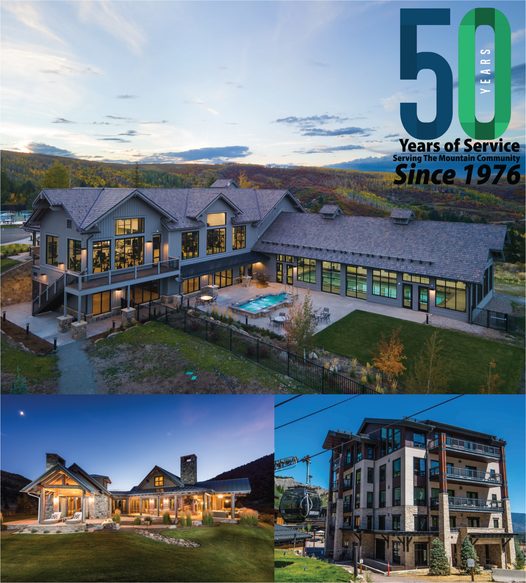A collage features a modern mountain home with a pool, a rustic lodge-style house at dusk, and a multi-story building by a ski lift—each showcasing craftsmanship by Colorado Roofing Company—with a “50 Years of Service Since 1976” logo in the top right corner.