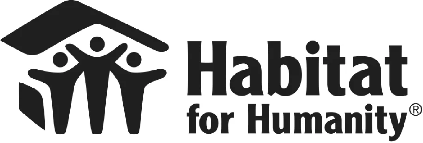 Habitat for Humanity logo with three stylized human figures under a roof shape, next to the words "Habitat for Humanity" in bold, black text.