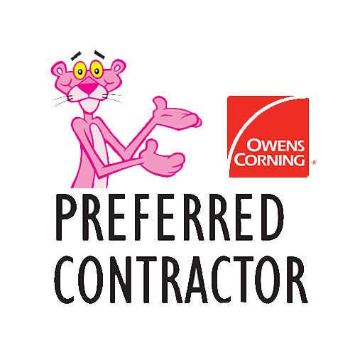 The Pink Panther cartoon character gestures toward the Owens Corning logo above the words "Preferred Contractor" in bold black letters on a white background.